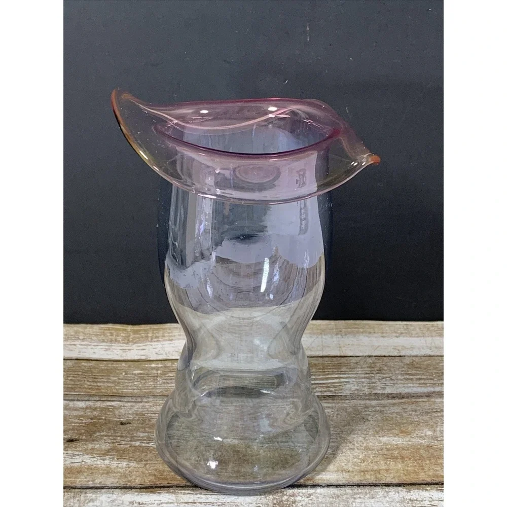 Hand Blown Art Glass Vase Pink Ruffled Fold Over Rim Clear Pedestal Base MCM